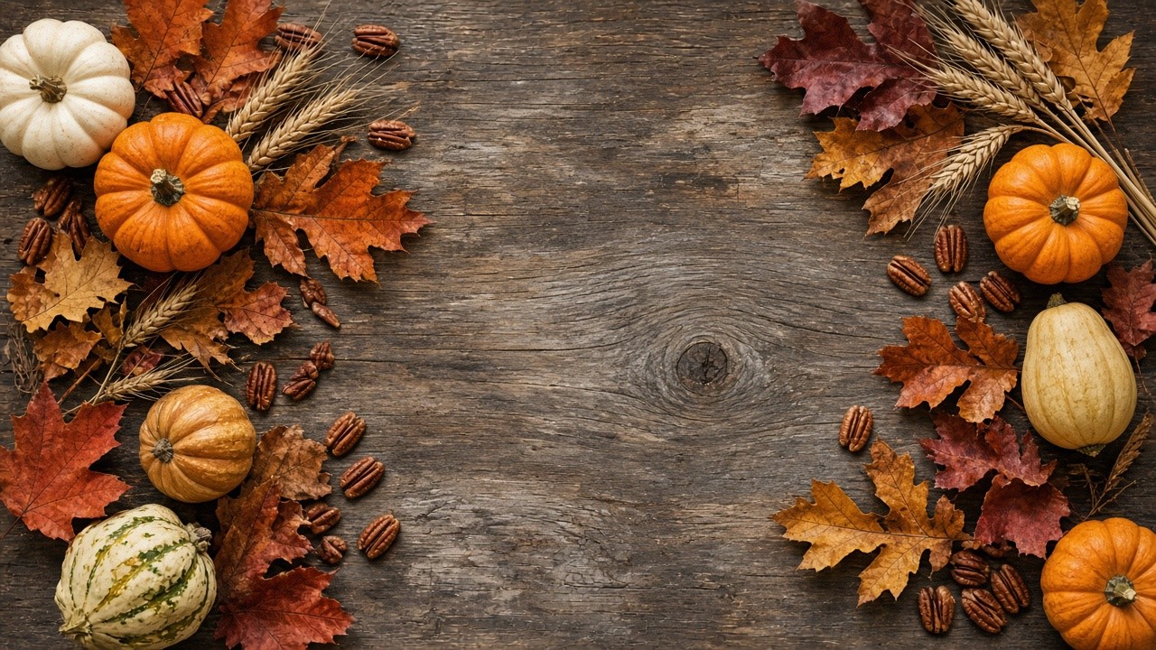 Pumpkins, gourds, pecans and autumn leaves on a rustic wood table