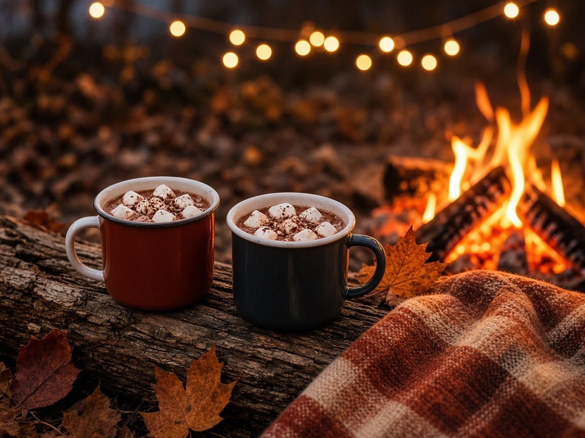 Two mugs of hot cocoa by a campfire with a plaid blanket and autumn leaves