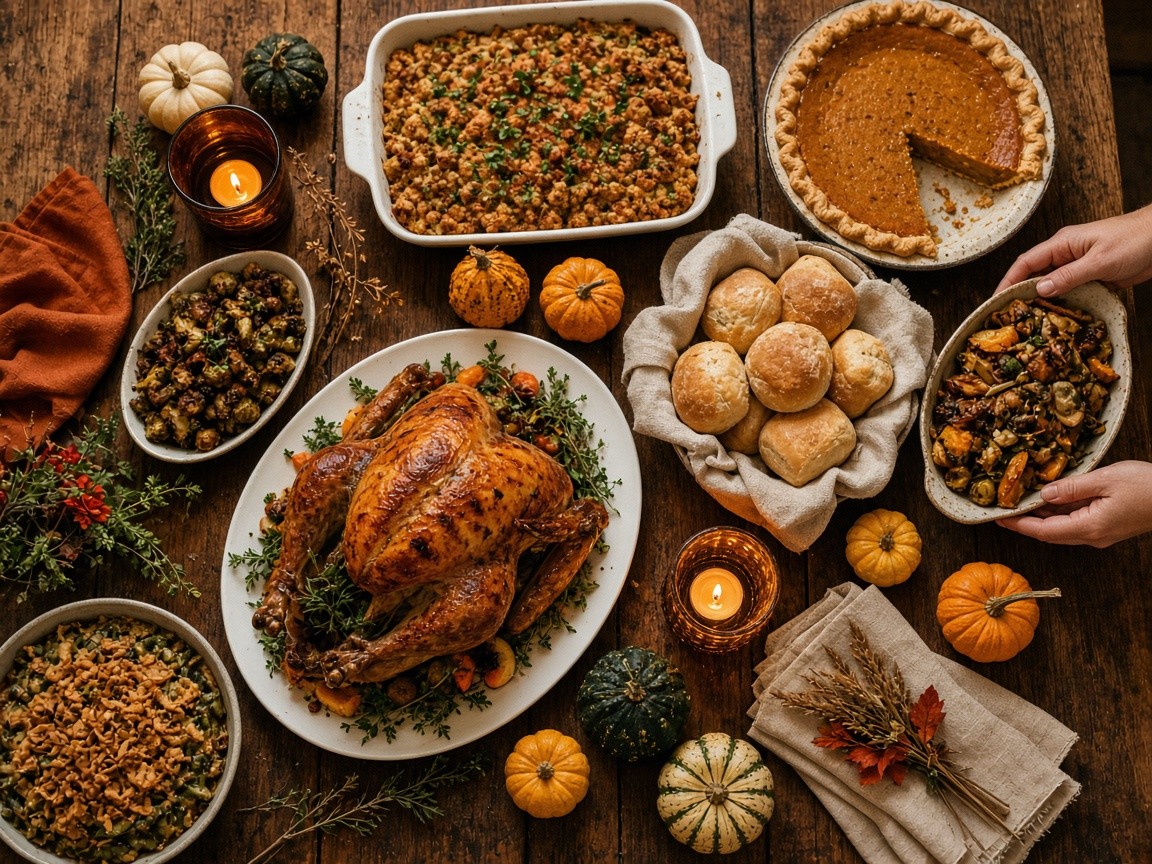 Thanksgiving potluck table with turkey, sides and pumpkin pie
