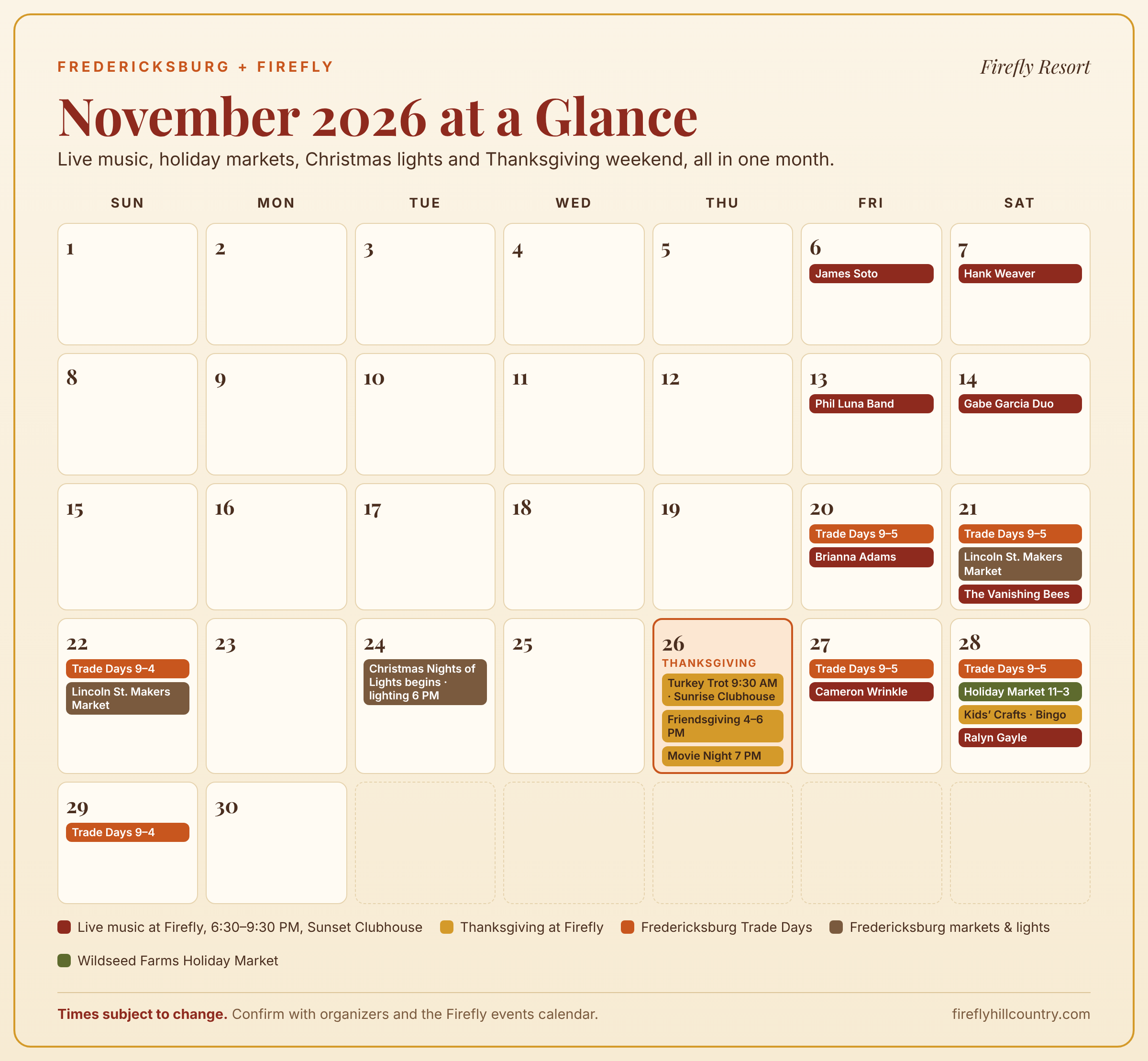 November 2026 at a glance calendar of Fredericksburg events and Firefly Resort live music and Thanksgiving activities