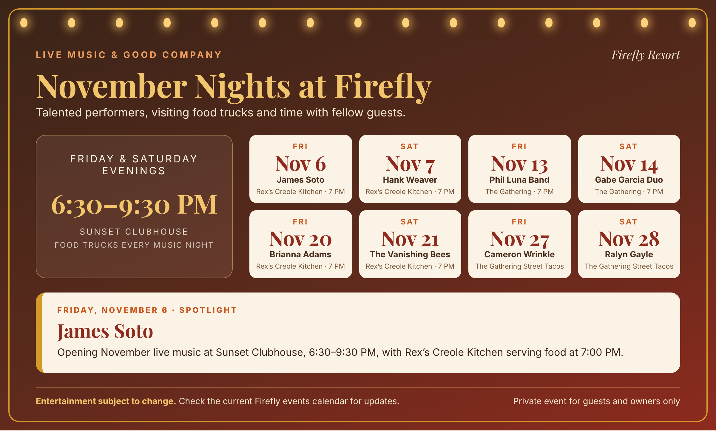 November Nights at Firefly live music lineup, Fridays and Saturdays 6:30 to 9:30 PM at Sunset Clubhouse, with performers and food trucks for each night