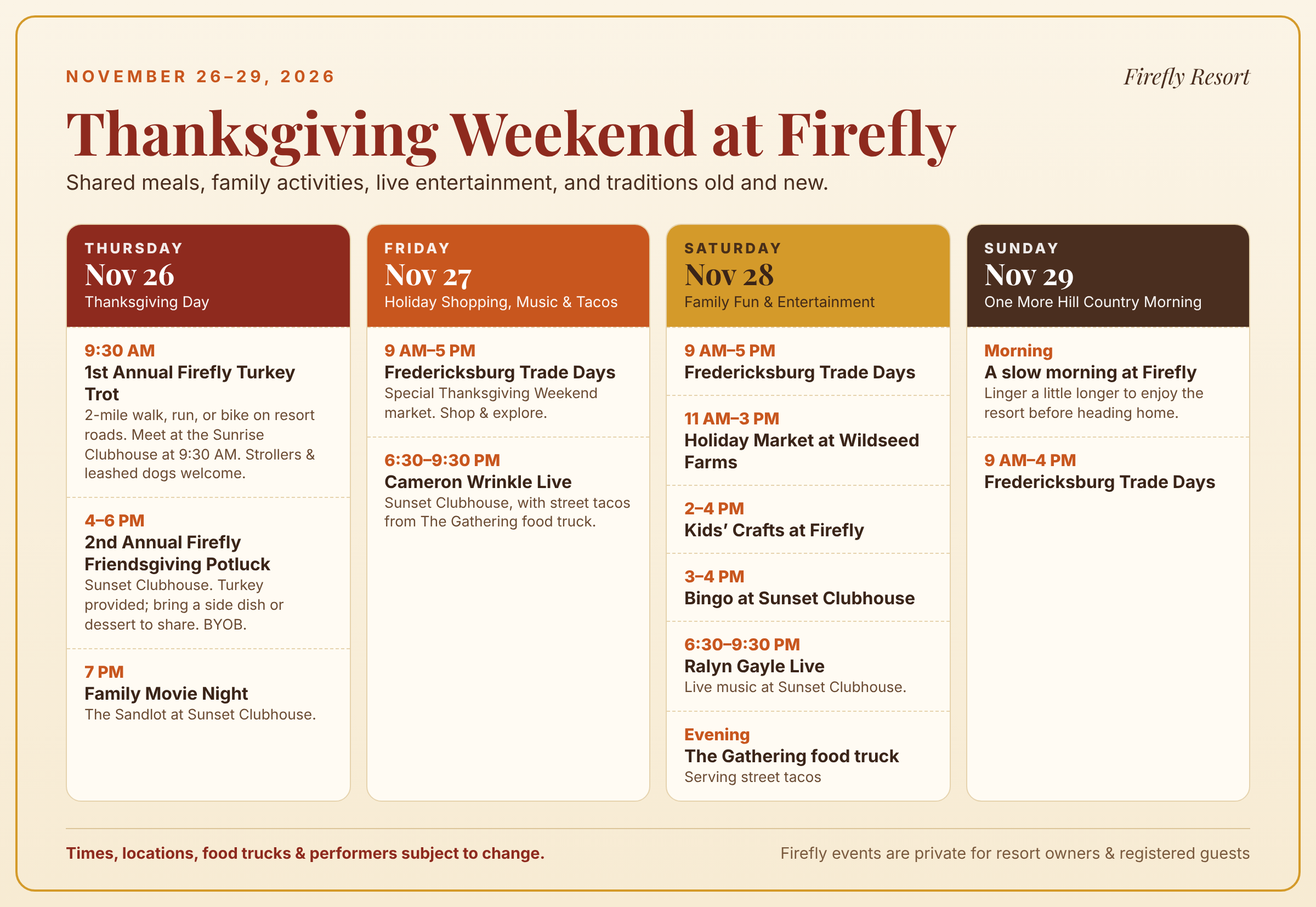 Thanksgiving Weekend at Firefly day-by-day schedule, November 26 to 29